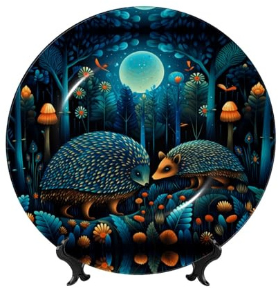 PHAYAH Plato decorativo de porcelana con soporte, diseño de erizo de bosque azul para oficina, cocina, mesa, decoración para colgar en la pared, 7 pulgadas