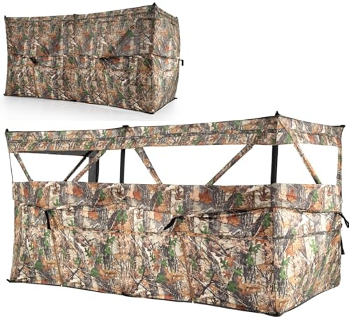TANGZON 3-Person Hunting Blind Tent, Pop Up Military Ground Blind with Sliding Windows & Carrying Bag, Portable See Through Camouflage Camo Blind Tent (360 Degree See Through, 240 x 120 x 120 cm)