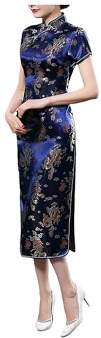 Hanraz Qipao Robe rouge Nouvel An chinois pour femme - Robe de soirée légère sexy - Robe de cocktail vintage avec motif floral - Robe de fête traditionnelle, A20 bleu foncé, L