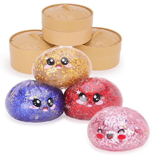 Toyland® Mystery Glitter Squishy Bao Dumpling Giocattolo Sensoriale Antistress con Scatola di Plastica per la Vaporiera - Giocattolo da Spremere per Bambini - 1 Scelta Casuale - Età 3+