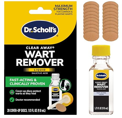 Dr. Scholl's Clear Away Wart Remover Liquid on Fingers and Toes, 1/3 fl oz, 20 Cover Up Discs – Fast Acting & Clinically Proven Wart Removal, Safe to Use on Kids Ages 4+