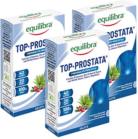 Equilibra Integratori Alimentari, Top Prostata, Integratore per la Funzionalità della Prostata, con Serenoa Repens, Olio di Semi di Zucca e Mirtillo Rosso con Zinco e Vitamina E, 3 Pezzi da 40 Capsule