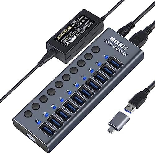 WLXKJY Aktiver Hub mit 72W (24V/3A) Netzteil, 10 Aluminium Ports USB 3.0 Hub zum Laden und Hochgeschwindigkeitsdatentransfer, Multiport USB 3.0 Splitter mit Einzelschaltern, USB-C Adapter