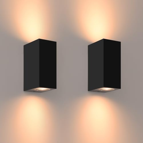 FUDESY Outdoor Wall Lights 2 Pack, IP44 Up Down Light Mains Powered Black | Outside Exterior Wall Sconce GU10, Modern Wall Lamp for Porch, Front Door, Patio, Garden, Hallway, Garage, Bulbs Not Included