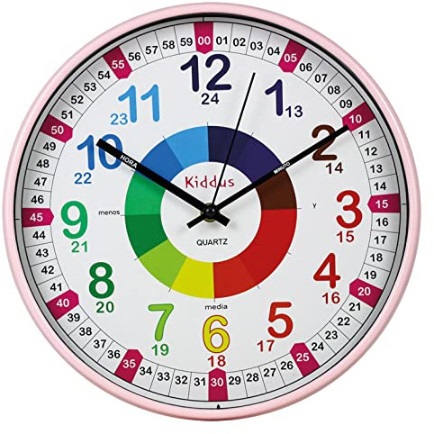 Kiddus Reloj de Pared Infantil para Aprender la Hora, Reloj Educativo con Agujas Escritas Hora y Minuto, Decoración Habitación Niños y Niñas, Silencioso, Pedagógico Números de para Escuela y Colegio