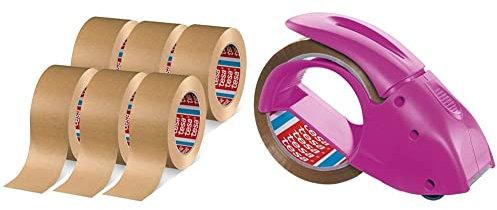 tesapack 4713 Paketband im 6er Pack - Papier Klebeband - braun - 6 Rollen je 50 m x 50 mm & tesapack Abroller Pack' n' Go - Ergonomischer, pinker Handabroller - Inklusive 50 m x 48 mm Klebeband