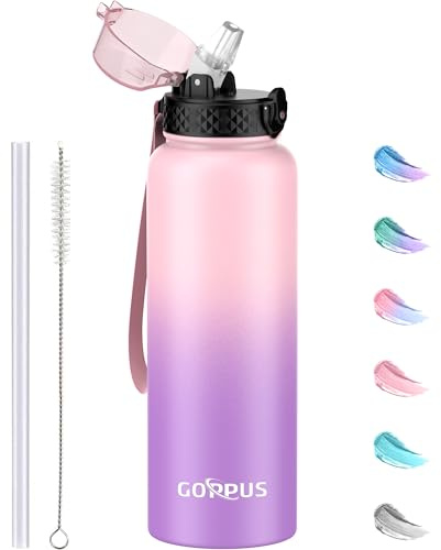 GOPPUS 1.2L/40oz Botella Agua Acero Inoxidable con Pajita 1.2 Litros Termo Agua Caliente Fría Botellas Agua Acero Doble pared Aisladas a Prueba Fugas Botella Bebida con Tapa Abatible para Adultos