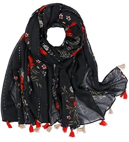 KAVINGKALY Femmes Écharpe Noire Fleur Printemps Imprimé Coton Neck Sac de cou Avec Sequin Frangé Echarpe et Châle(S)