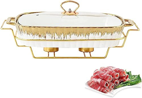 Keramik Chafing Disk Buffet Set, Underglasyr rektangel Buffet Chafers W/Glas Transparent Lock Amp;Chafing Fuel Holder, Winter Food Warming (S)