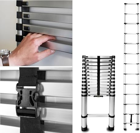 DRABEST - Escalera - Escalera telescópica - Escalera extensible - Escalera plegable, Escalera de aluminio - Escalera extensible - Escalera de aluminio, Plegable - 13 peldaños - Altura 3,8m