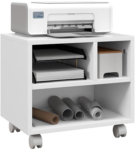 HOMCOM 2-Tier Desk Stand with Storage, Under Desk Cart on Wheels with 3 Compartments, Home Office Printer Table, White