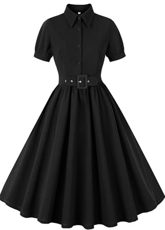 AXOE Damen Rockabilly Kleid 50er Jahre Vintage A-Linie mit Halbgürtel Knielang für Festlich Cocktail Alltag Schwarz, Gr.38 (EU Gr.40), M