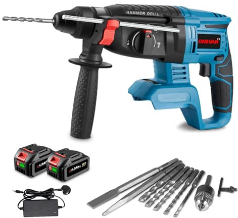 ONEVAN Akku Bohrhammer Schlagenergie 2.1J, Elektrisch Bohrhämmer SDS-plus, Bürstenloser Schlaghammer Hammerbohrer mit 10tlg (2 x 4.0Ah Akkus)