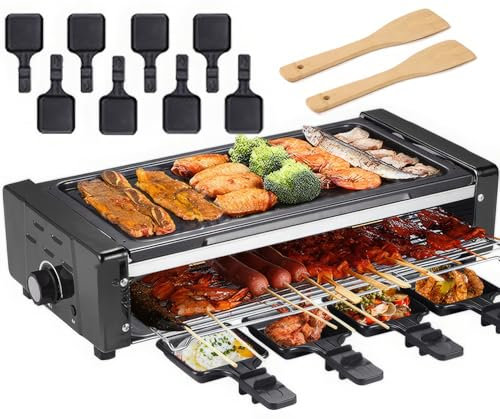 Raclette Grill Electric, Nonstick Electric Griddle Indoor Grill Machine with 8 Raclette Cheese Pans and 2 Wooden Spatulas, Electric Smokeless BBQ Grill for Raclette Cheese Dishes Cooking Party black