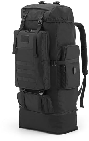 Nayubo Mochila de Senderismo de 80 L, Mochila de Viaje para Acampar, Mochila Grande Impermeable, Escalada, Trekking, Bolsa de Deporte al Aire Libre, Mochila Molle para Hombres y Mujeres (Negro)