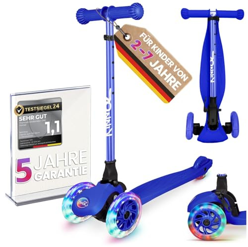 kinnaz ONE, über 100.000 Roller für Kinder 3 Jahre verkauft, Tretroller 2 bis 7 Jahre, Roller Kinder 4 Jahre, LED räder, faltbar, höhe einstellbar, tagkeeper, Hamburger Unternehmen, dunkel blau