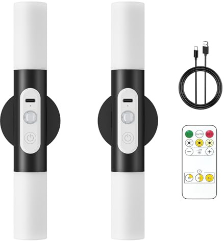 Hensam Motion Sensor Wall Lights with Remote Control, LED Rechargeable Battery Operated Wall Sconces Set of Two for Bedroom, Indoor Wireless Wall Lamps for Living Room, Hallway, Stair, Black 2 Pack