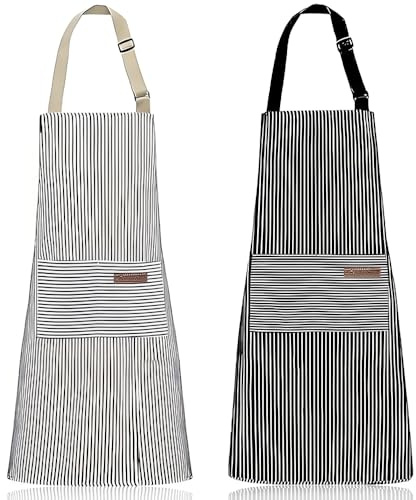 Urganvem Grembiule da cucina, grembiule da cucina 2 pezzi per donna, grembiule da cucina regolabile con 2 tasche per donna uomo cucina ristorante bar (bianco crema nero e bianco)
