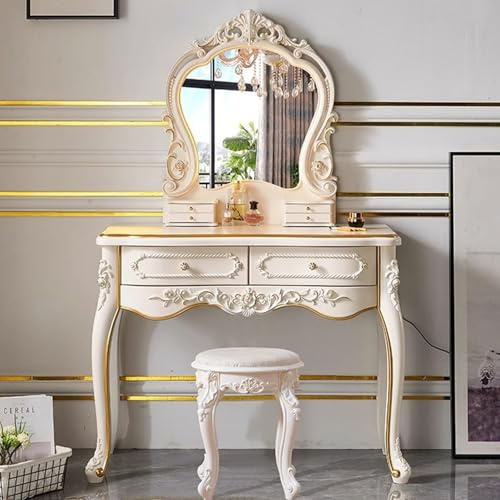 Sminkbord utan spegel med belysning stol barn pall beige svart flickor Stor Sminkbord Spegel Belysning Justerbart LED-ljus och uttag Toalettbord 7 lådor for sovrum vit Litet justerbar ljusstyrka LED-s