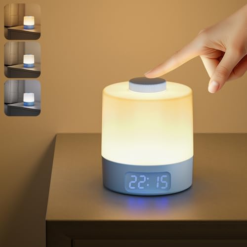 WOBANE Lamparas de Mesita de Noche sin Cable, Luz Recargable con Reloj