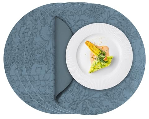 ToVioc Manteles Individuales Lavables Redondos Cuero, Salvamanteles Individuales para Mesa, Cocina, Restaurante & Oficina, Mantel Individual con Diseño de Flores (34 cm Ø, Set de 4) - Azul Cielo