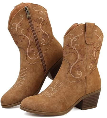 Bravover Cowboy Boots for Women Embroidered Side Zip Block Heel | Western shaft almond toe faux leather upper soft lining textured outsole for festivals country concerts and casual outfits