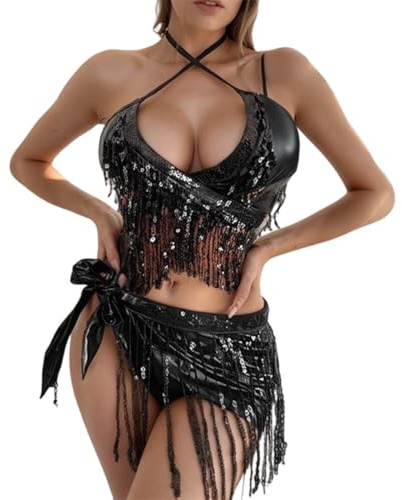 Eauptffy Maillot de bain 3 pièces Femme Tissu Pailleté Sexy Franges Bikini Split Bikini Confortable Tendance Beachwear Été scintillant Élégant Chic Léger, O Noir., M