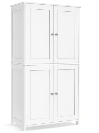 VASAGLE Mobiletto da Bagno, Armadietto con 2 Ripiani Regolabili, Portaoggetti con 4 Ante, Unità Alta Autoportante, per Cucina, Bianco Nuvola BBC553WH01