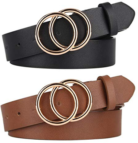 UnFader Pack 2 Women Belts for Jeans with Fashion Double O-Ring Buckle and Faux Leather