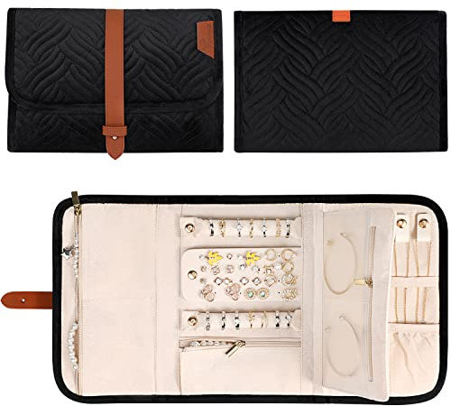 Voova Travel Jewelry Holder Organizer Case, Large Jewelry Storage Bag for Women Girls, Foldable Traveling Jewellery Pouch Roll for Necklaces Rings Earrings Bracelets, Black
