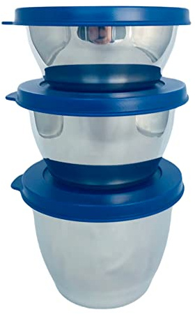 Tupperware Lot de 3 boîtes Tiffin de 200 ml + 300 ml + 450 ml en acier inoxydable argenté et bleu foncé - Couvercle transparent pour réfrigérateur