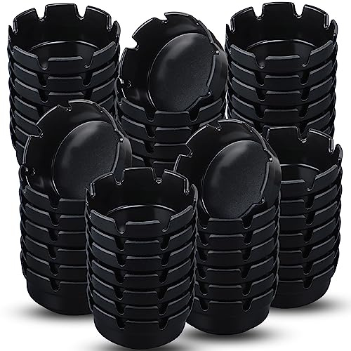 Reginary Pack of 48 Round Black Plastic Ashtrays Cigar Bulk Black Ashtray for Home Restaurant Bar Indoor Outdoor, 4 Inches in Diameter