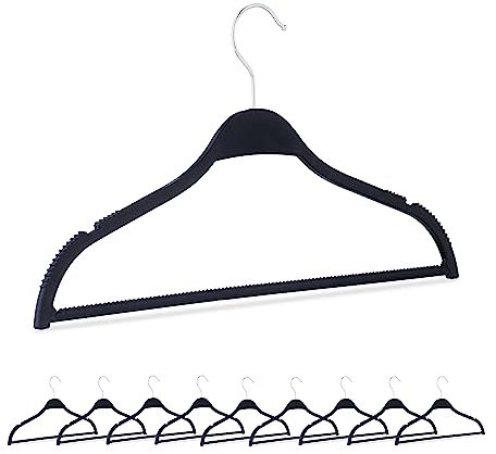 Relaxdays Kleiderbügel, 10er Set, Weizenstroh, Kunststoff, nachhaltig, schmale Bügel, Hosensteg, Einkerbungen, schwarz