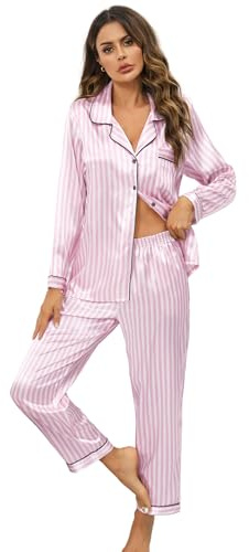 Leikar Pijama de Seda de Manga Larga para Mujer con Botones