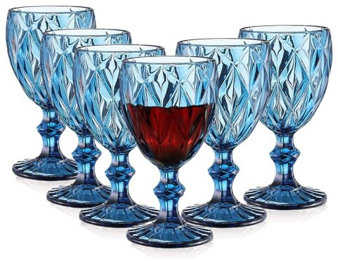 Lot de 6 verres à vin rouge vintage de 300 ml - Verres à vin en cristal - Pour mariage, cocktail, maison, restaurant, fête, Noël - Bleu clair