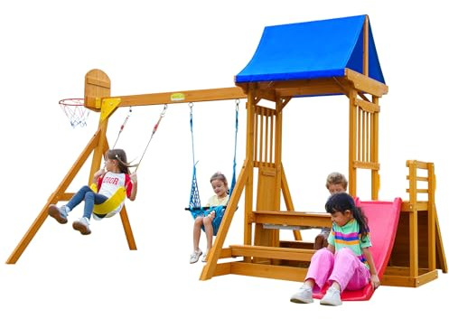 Kids Swing Sets for Backyard, Wooden Playground Sets for Ages 3-6 with a Wave Slide, Rock Climbing Wall, Sandbox, 2 Swings, and More,6-in-1 Outdoor Playset