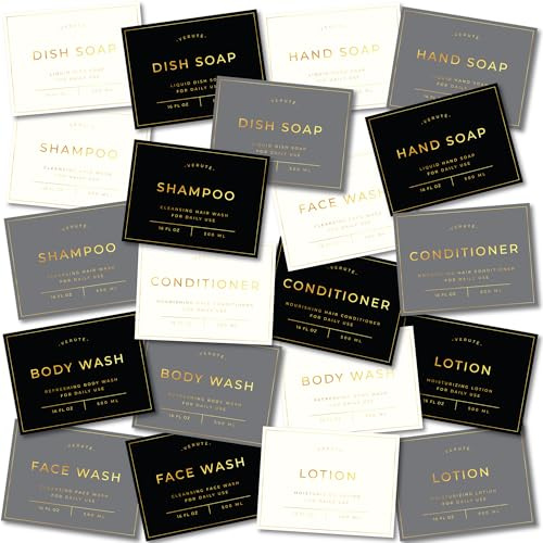 Verute Waterproof Labels for Amber Glass Soap Dispenser and Plastic Bottles 3.15x2.35 Peel & Stick - Kitchen, Bathroom & Shower Set - 21 Pieces (Gold Set)