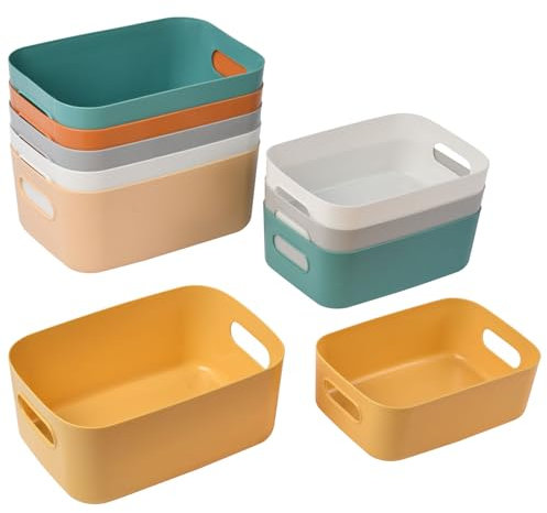 AUAUY 10PCS Plastic Storage Boxes, Multiple Colour Storage Baskets, 2 Sizes Storage Boxes for Kitchen, Cupboard, Office, Bathroom, Stackable Home Tidy Open Storage Bins with Handles