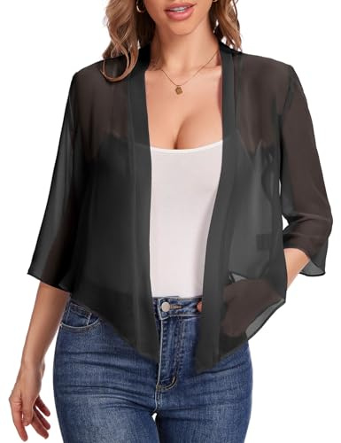 Bbonlinedress Boléro Veste Femme Fin Court Cardigan Chic et Elégant Châle Gilet pour Mariage Soirée à Manches 3/4 en Mousseline de Soie Black XL