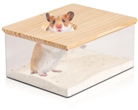 WIYETY Bain de sable pour hamster en acrylique pour animaux de compagnie : boîte de bain pour hamster, accessoire de salle de douche pour hamster avec demi-couverture en bois massif, toilettes pour