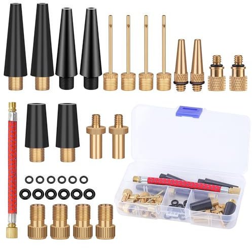 33Pcs Bike Pump Adapter Set, Bicycle Metal Valve Adapter Kit with Extension Pipe, for Balls/Bikes, DV SV AV Bicycle Air Pump Inflation Needle Nozzle Kit