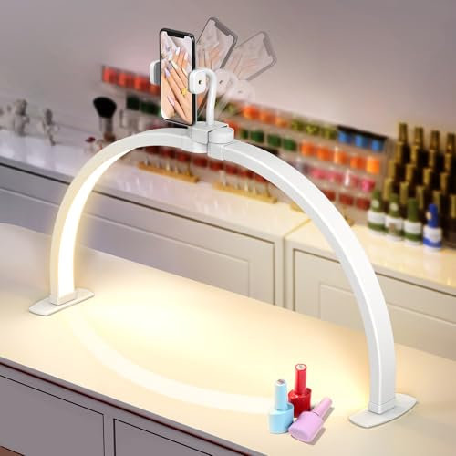 Luce a mezza luna per scrivania per unghie: luce ad arco da 58,4 cm per nail tech con supporto per telefono per principianti - 3 modalità di colore e 10 luminosità regolabili - Lampada pieghevole per