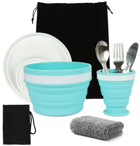 Camping Plates and Bowls Set, Camping Cutlery with Stainless Steel Spoon, Folding Collapsible Bowl Camping for 1, Silicone Crockery Sets for Hiking, Travel & Outdoor