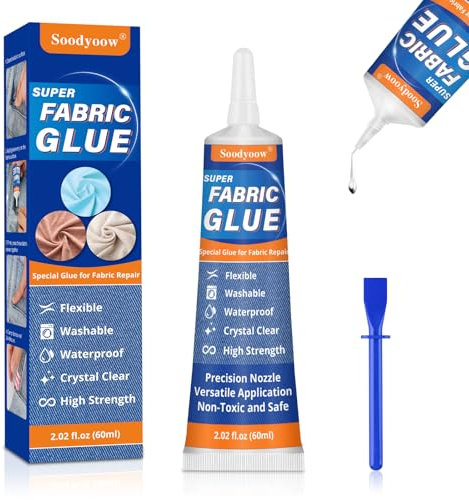 Soodyoow 60ml Fabric Glue, Extra Strong Permanent Fabric Adhesive, Waterproof, Clear, Machine Washable, No-Sew Adhesive for Clothes, Craft, Upholstery, Material, Craft Glue