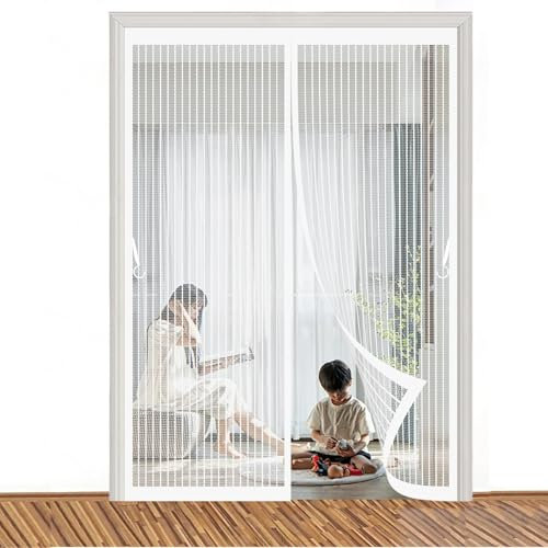 Magnet Fliegengitter Tür 127 x 290 cm Anpassbar, Lichtdurchlässig, Einfache Montage, Selbstschließend, Insektenschutz Fliegengitter Tür für Fenster, Zimmertür, Veranda, Weiß