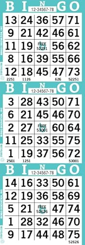 Bingo Paper Sheets – 3 Faces, 12 x 4 – Pack of 500 Disposable Bingo Cards – Recyclable Dauber Paper for Seniors, Adults & Community Events (Aqua)