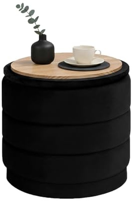 Bonlife Rund ottoman med lock, hopfällbart fotstöd med bord, fotstöd, fotpall för vardagsrum, sovrum, hall, svart sammet, 39 x 39 x 37 cm