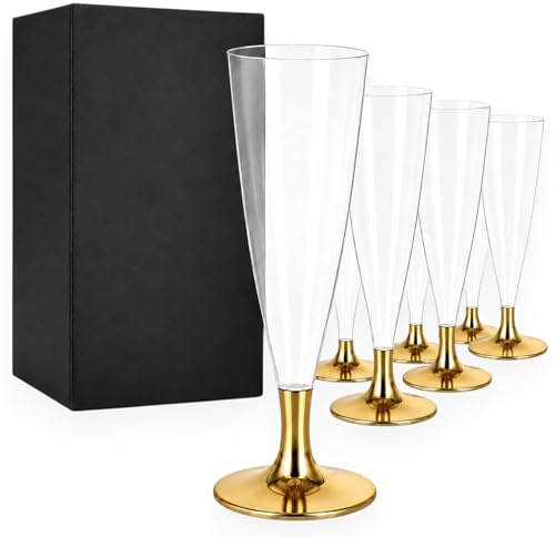 KORAT Set 60 Bicchieri Flute in Plastica Resistente 120 ml, Calici Champagne con Base Colorata, Bicchieri da Prosecco, Spumante e Aperitivi, Ideali per Feste, Matrimoni, Eventi e Buffet (Oro)