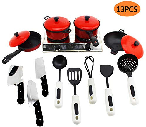 Bebester Child Kitchen Play Set - 13 Pcs Cookware Supplies, Pretend Play Cooking Tools, Plastic