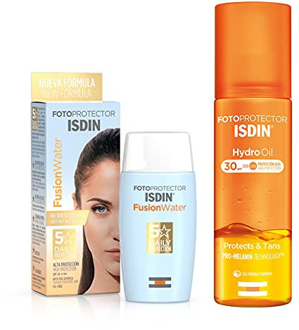 ISDIN PACK Protector Solar Facial Fusion Water SPF 50, Protector Solar Corporal Hydro Oil SPF 30, Protege y Broncea hasta un +43%